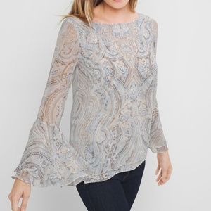 🆕 BLUE DEPTHS with ECRU - NWT [whbm] paisley bell sleeve blouse size 0